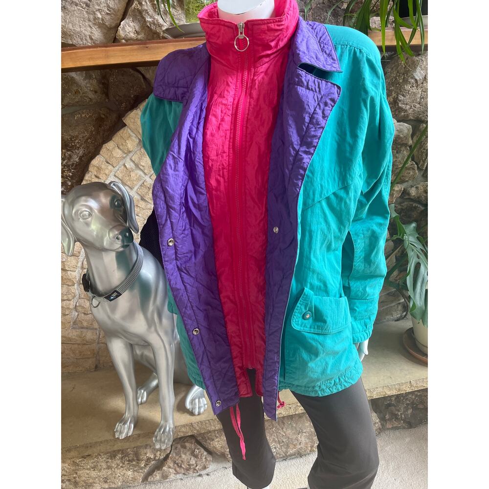 Vintage Fleet St Ltd 80's Full Zip Ski Jacket Multi Color Teal Purple Pink SZ L - Picture 2 of 8